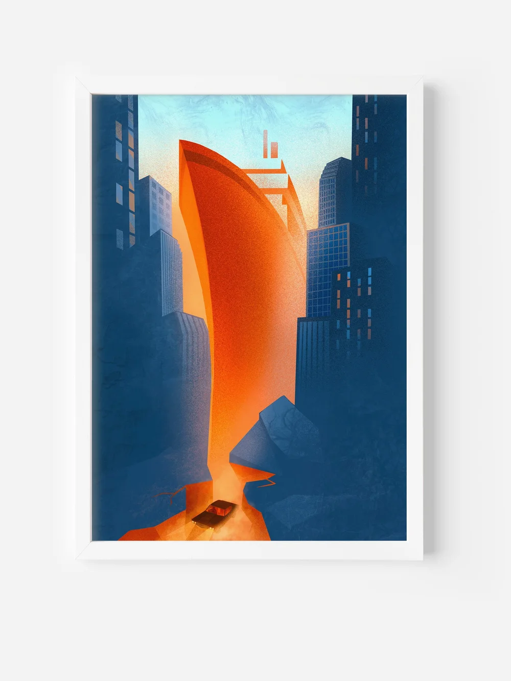 Framed art print titled Ship of Change showing a glowing orange ship form cutting through dark blue city skyscrapers — surreal urban illustration.