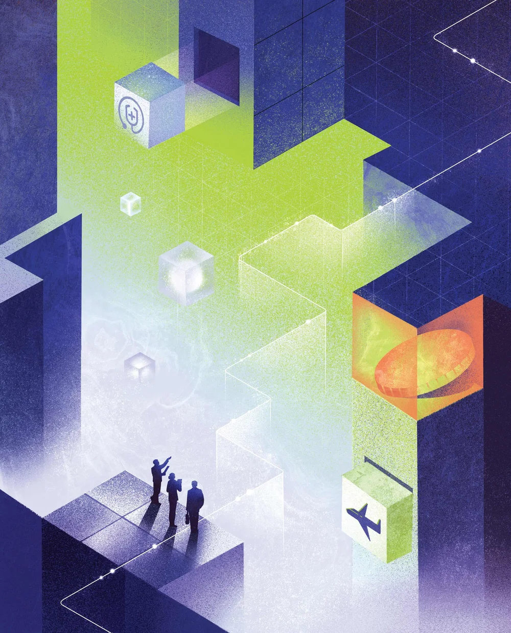 Editorial illustration of business professionals navigating abstract data blocks and digital systems in a complex AI-driven environment.