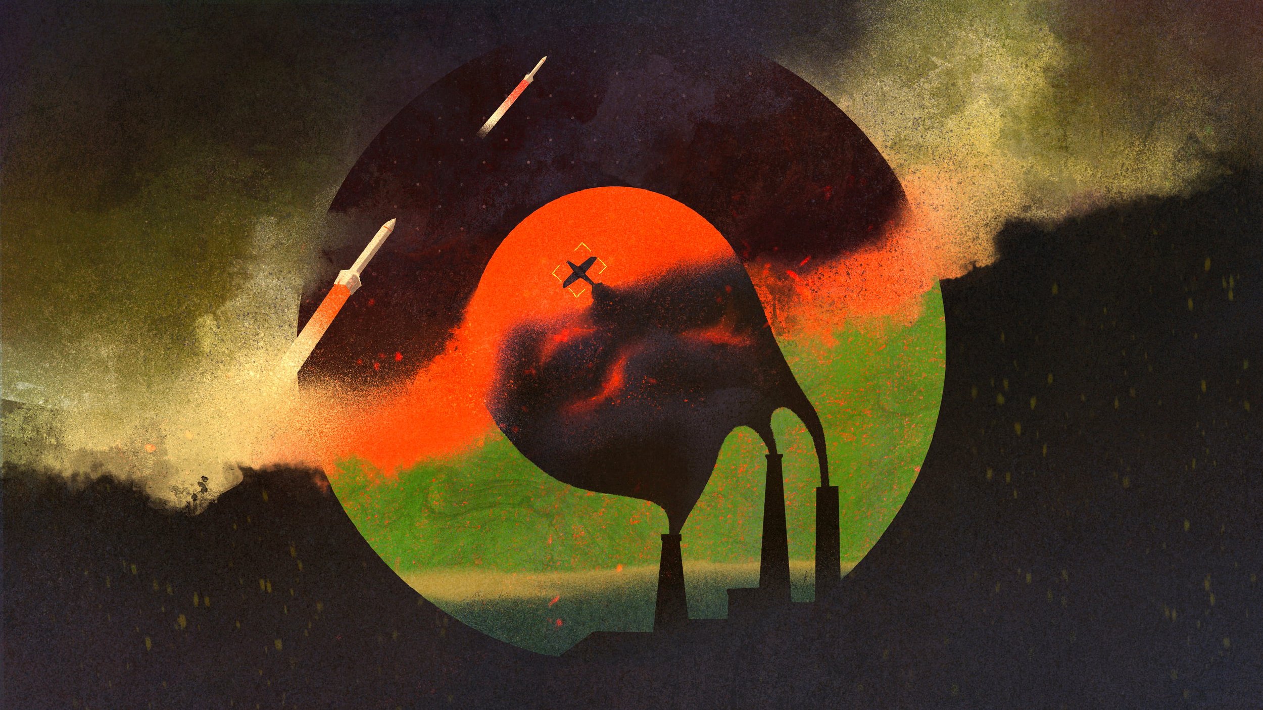 Editorial illustration of a nuclear power plant engulfed by smoke and missile strikes, symbolizing the environmental consequences of war and attacks on critical infrastructure.