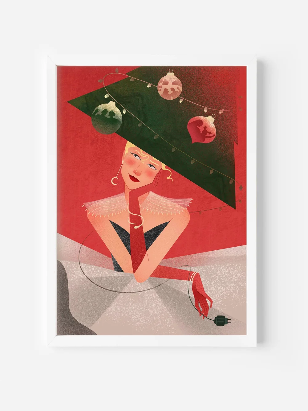 Framed Christmas wall art print – festive woman with red lipstick and unplugged fairy lights, modern holiday home decor.