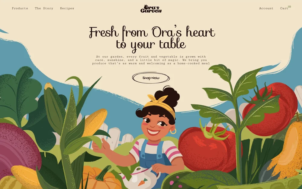Brand illustration depicting a smiling female garden mascot harvesting fresh vegetables among lush plants, tomatoes, and corn on an organic farm website, symbolizing natural produce, care, and farm-to-table freshness.
