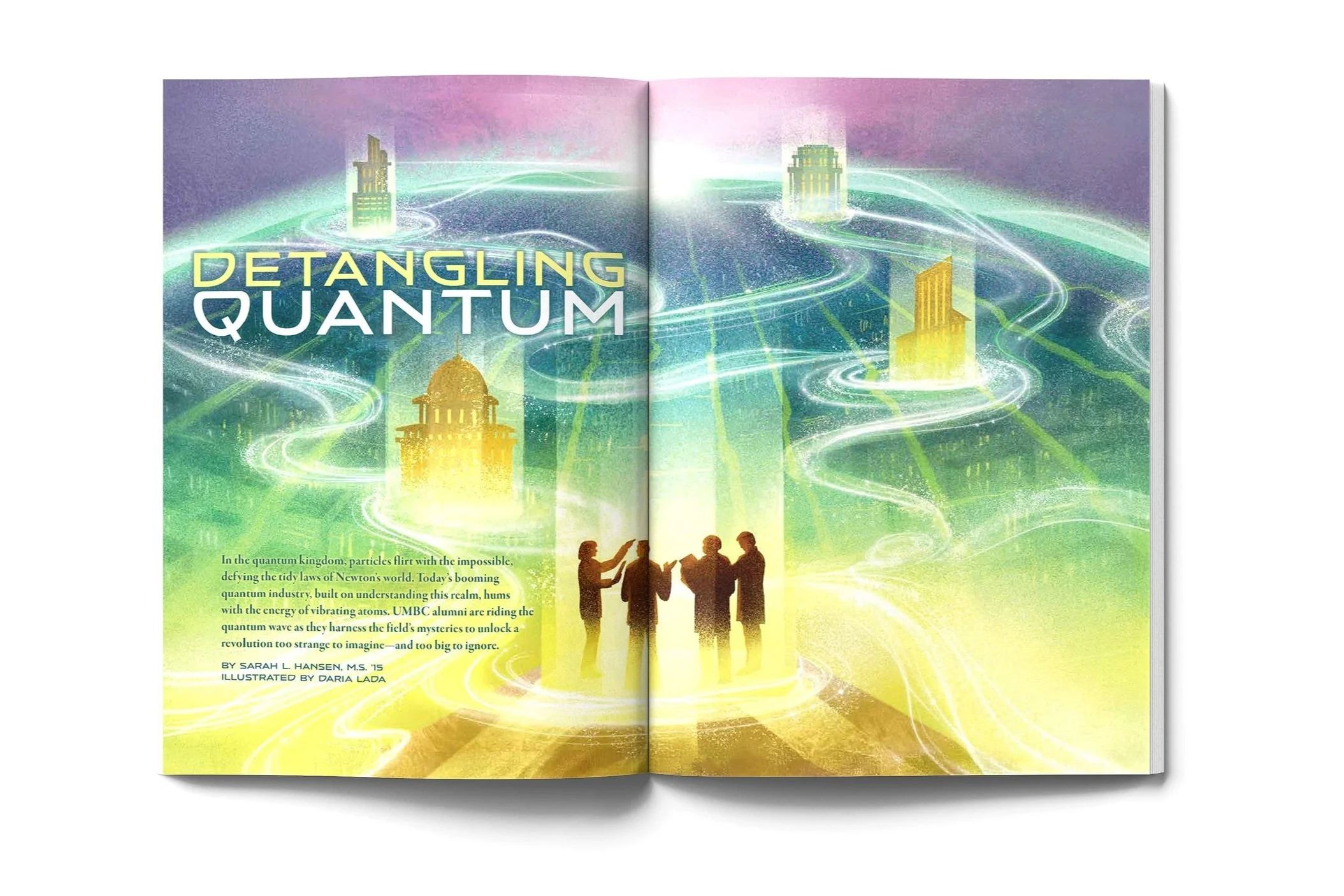 Editorial illustration for UMBC Magazine depicting researchers connected by glowing quantum pathways between institutions, visualizing quantum entanglement, collaboration, and emerging quantum technology.