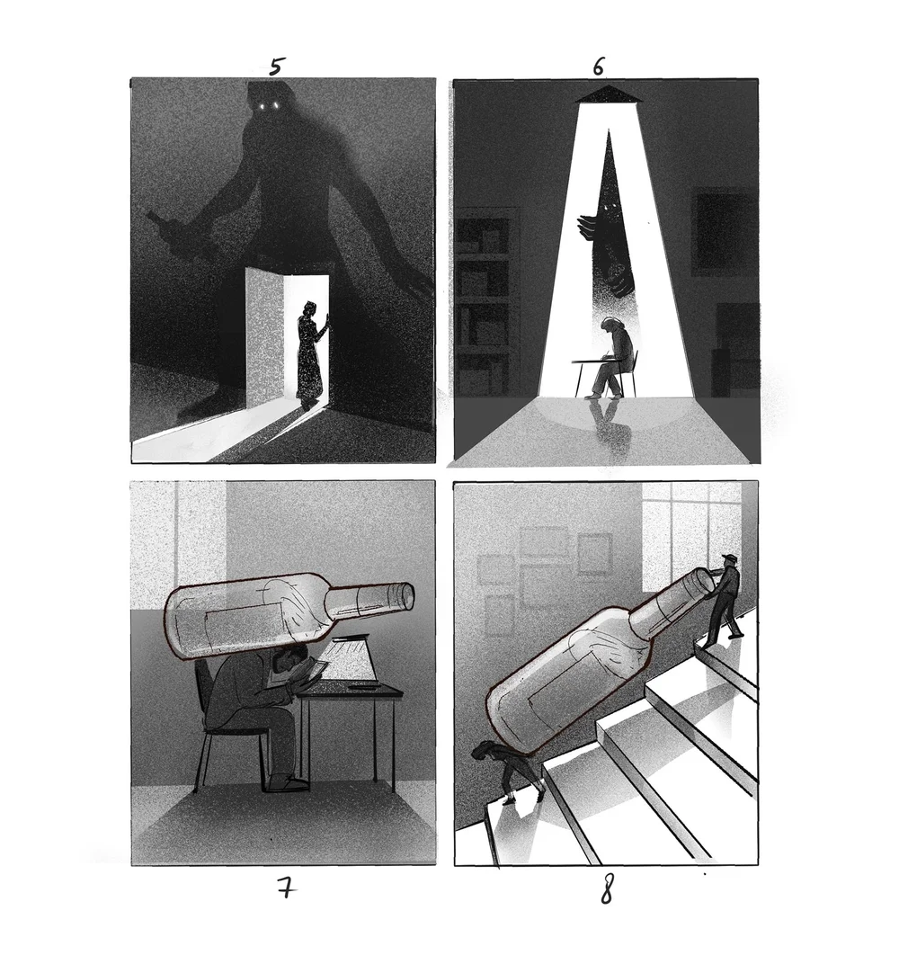 Editorial illustration depicting a sequence of dark, symbolic scenes where a shadowy figure and an oversized alcohol bottle loom over a person at a desk and on stairs, visualizing addiction, psychological pressure, and loss of control.