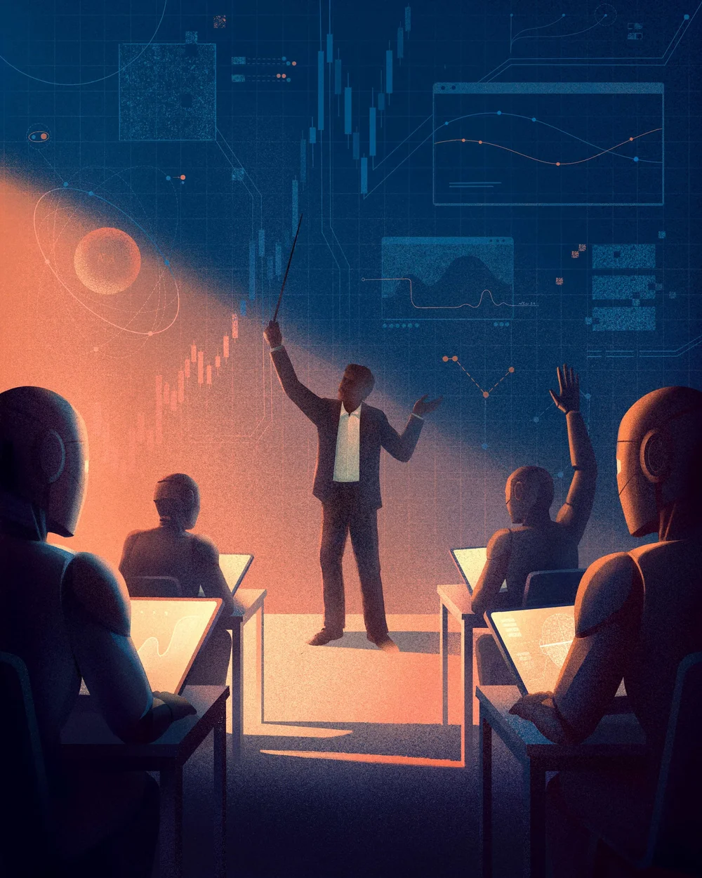 Conceptual illustration depicting a human instructor teaching a classroom of humanoid robots with financial charts and data dashboards on a digital board, symbolizing artificial intelligence, machine learning, and the future of automated decision-making.