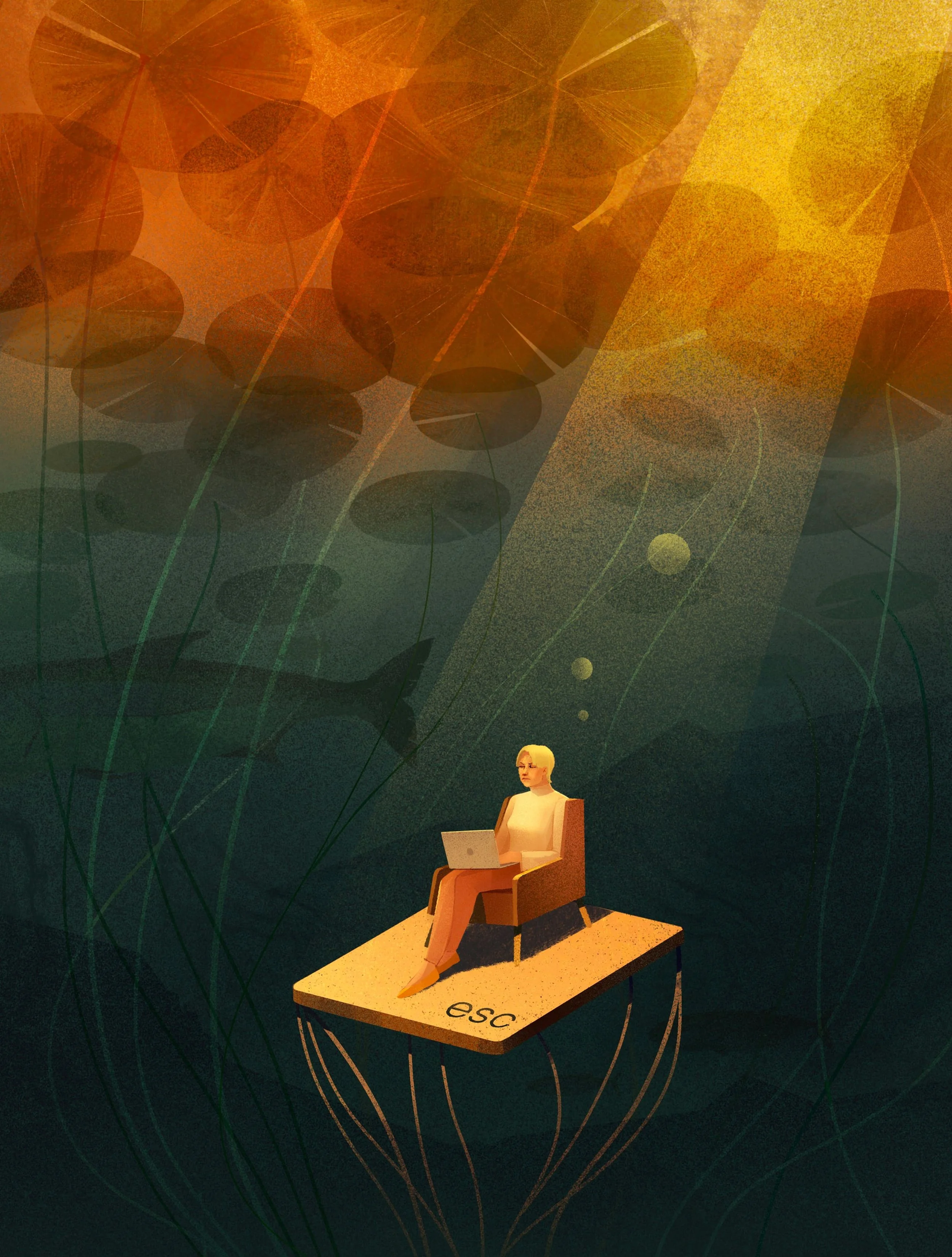 Conceptual editorial illustration of a person sitting with a laptop on an “ESC” keyboard key floating underwater, illuminated by a beam of light, symbolizing digital escape, the need to disconnect from technology, and searching for calm away from the constant pressure of online life.