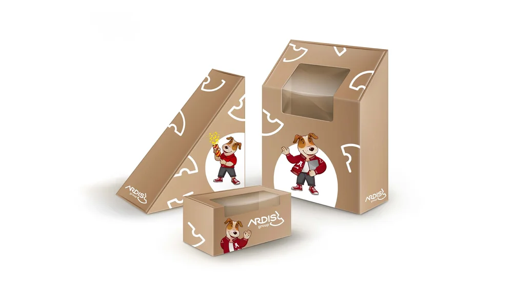 Brand mascot illustration depicting a friendly anthropomorphic dog character wearing a red jacket and holding a tablet, set against bold typography, symbolizing approachability, guidance, and modern brand personality.