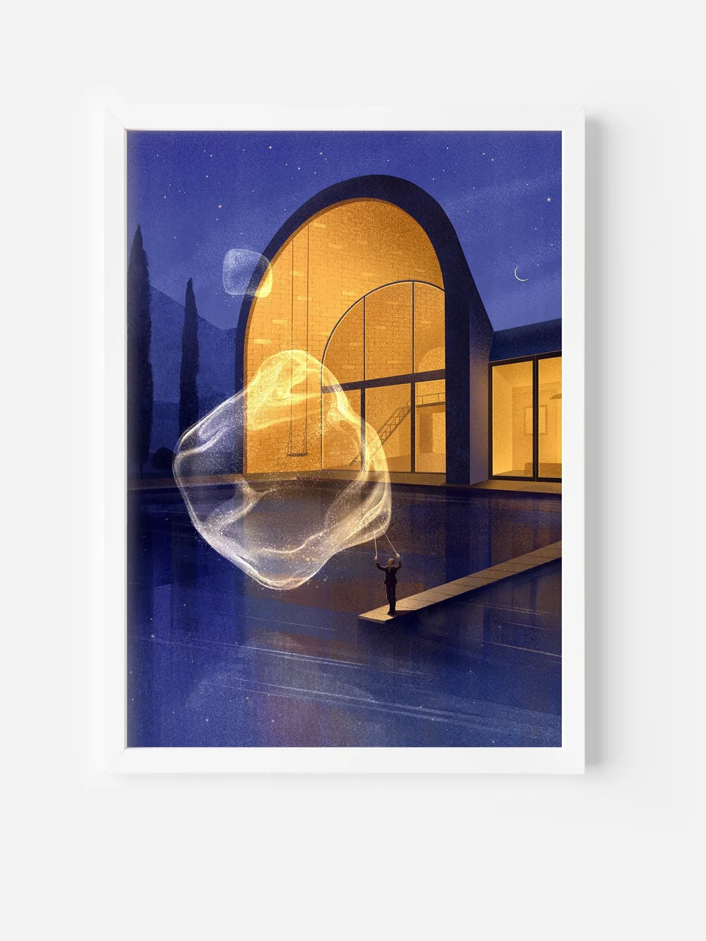 Fine art print depicting a glowing architectural villa reflected in a tranquil pool as a figure guides a luminous celestial form, symbolizing imagination, wonder, and the connection between light and space.