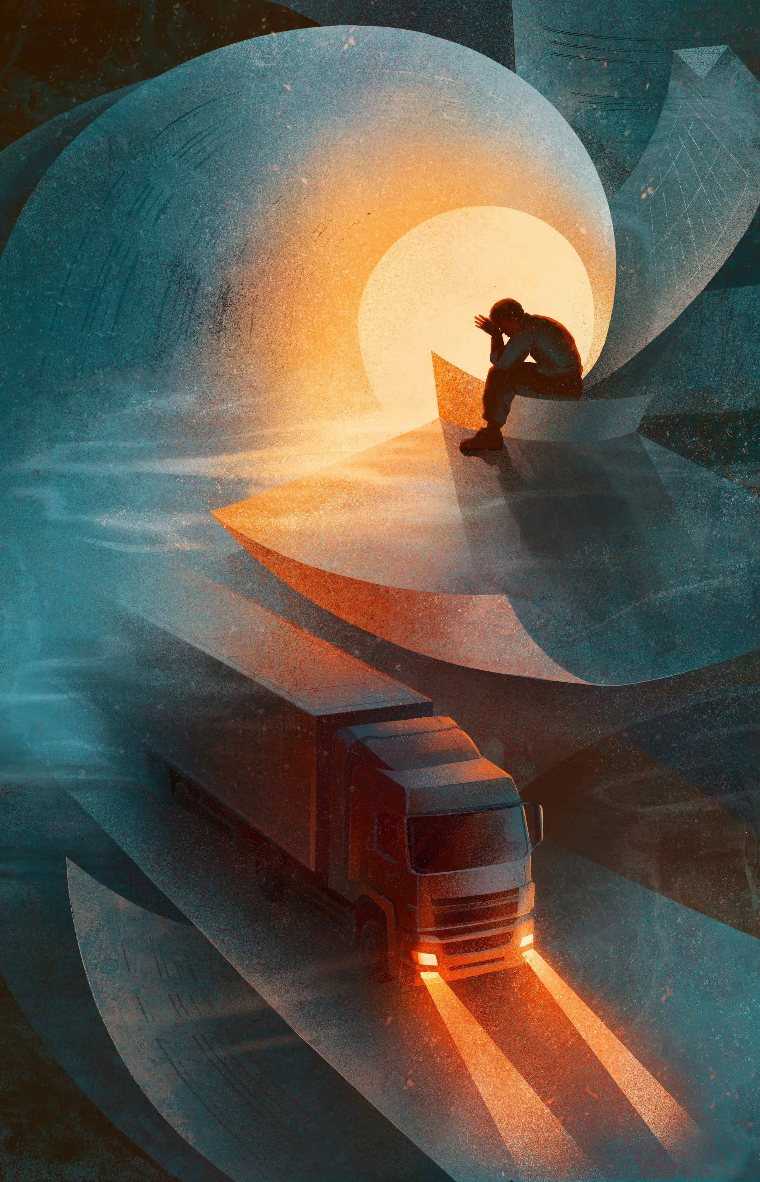 Editorial cover illustration for The Globe and Mail depicting a truck driver trapped above a freight truck within swirling contracts and paperwork, symbolizing worker misclassification, labor exploitation, and bureaucratic pressure in the trucking industry.