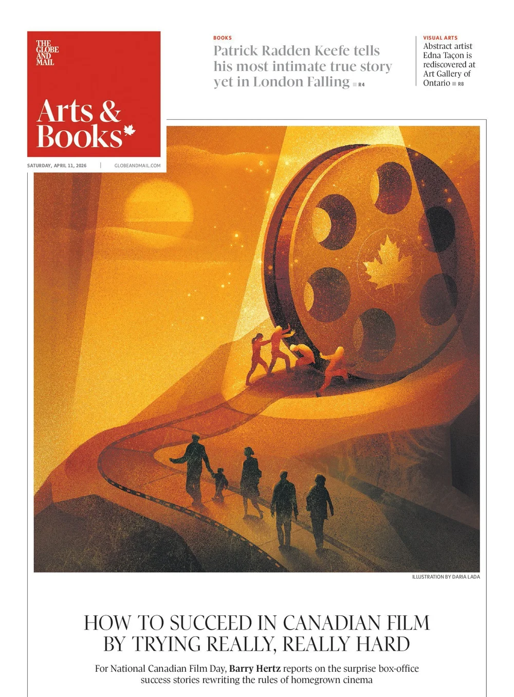 Magazine cover illustration of figures pushing a giant film reel uphill, symbolizing ambition and the struggle within the film industry.