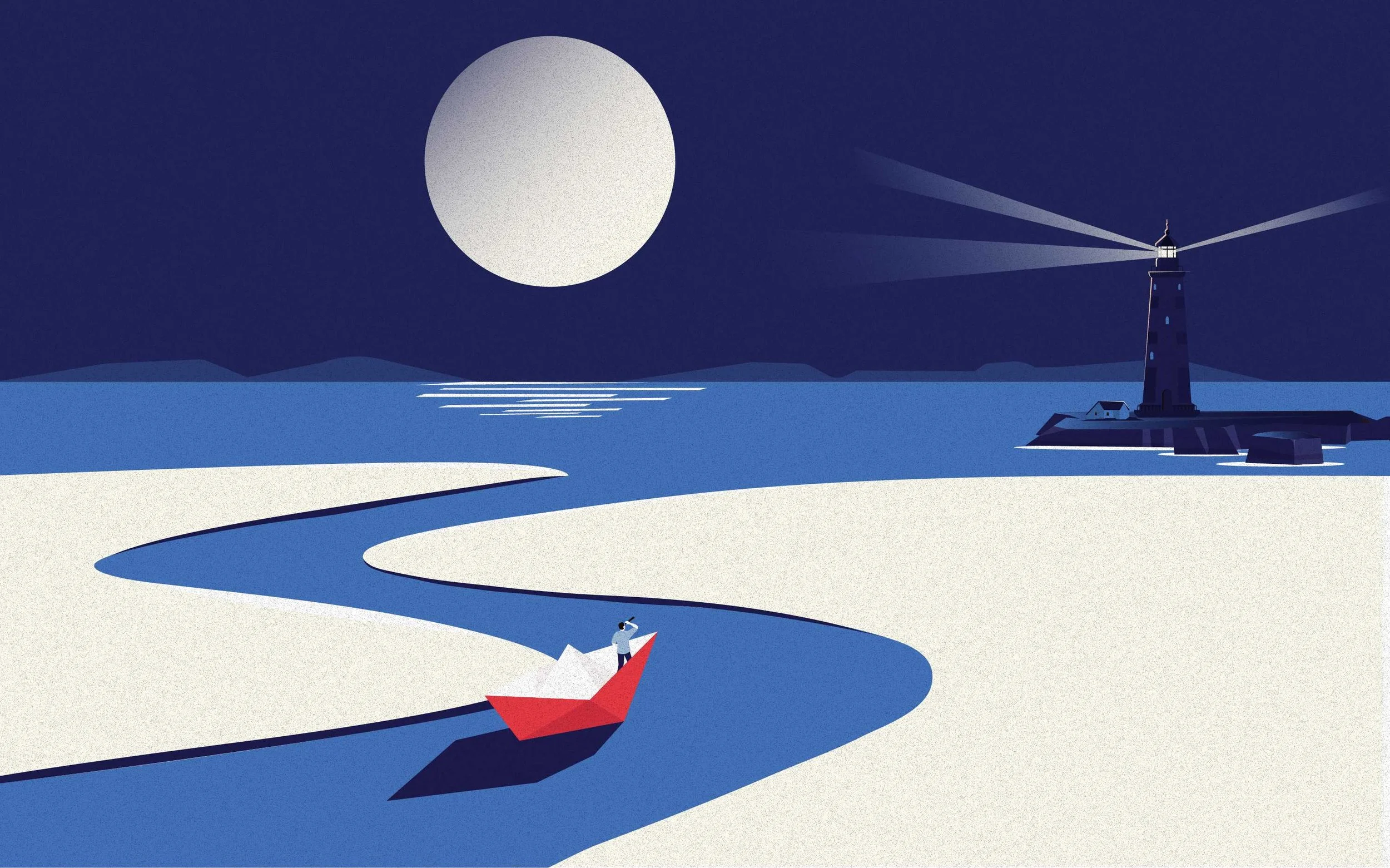 Editorial illustration depicting a person sailing a paper boat through a moonlit coastal channel toward a lighthouse, symbolizing guidance, exploration, and finding direction.