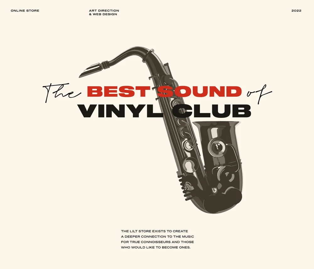 Brand illustration depicting a stylized saxophone paired with bold typography for a vinyl club online store, symbolizing jazz culture, premium sound, and curated music experience.