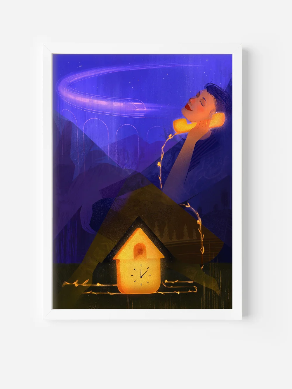Fine art wall poster mockup – woman on a train with phone, surreal illustration of long-distance call and emotional connection, interior design wall art.