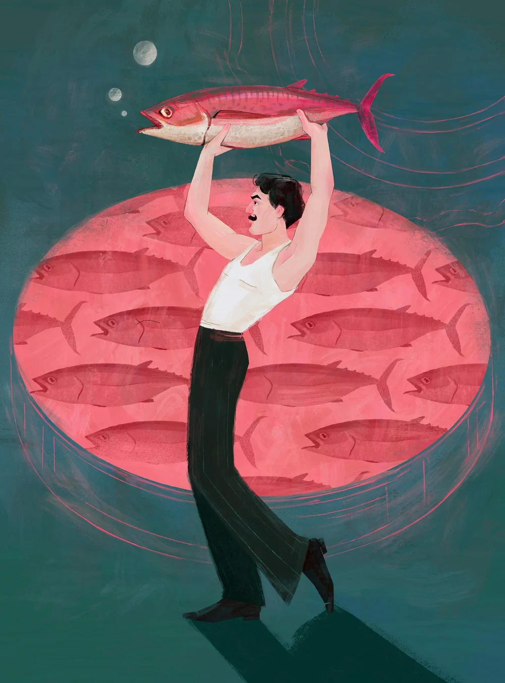 Conceptual illustration of a fisherman holding a large fish above his head against a circular backdrop filled with repeating fish silhouettes, symbolizing the fishing industry, seafood abundance, sustainable fishing debates, and the relationship between humans and marine resources.
