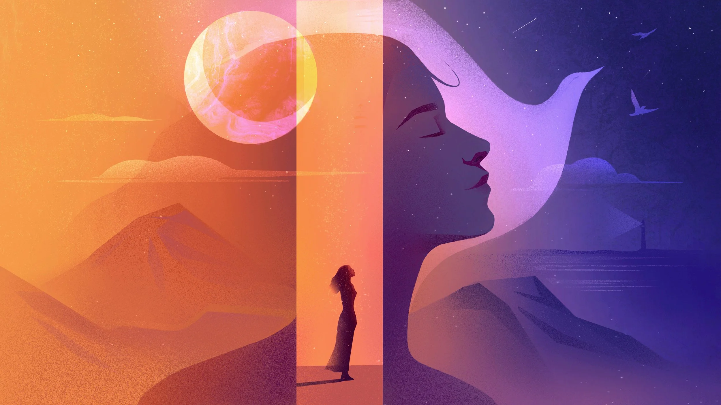 Editorial illustration depicting a woman standing between two contrasting worlds, with a serene female profile, moon, and landscape split into warm and cool tones, symbolizing inner duality, transition, and emotional balance.