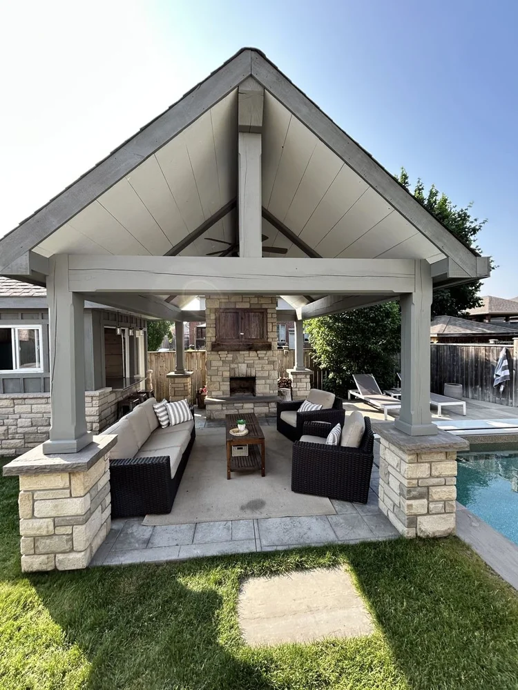 Backyard pool cabana with a freshly painted ceiling, beams and trim