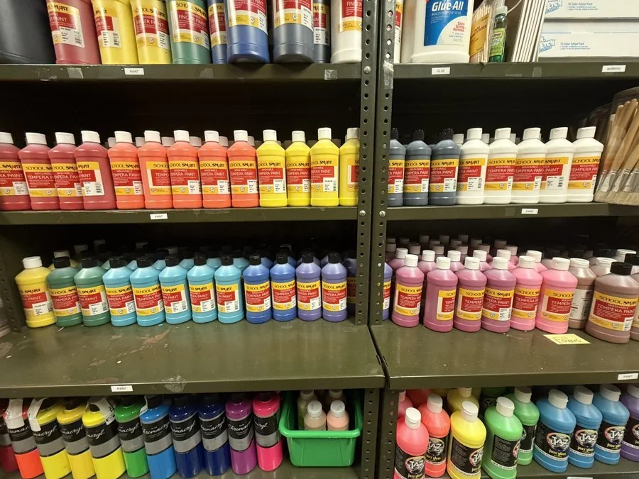 Paint and art supplies organized