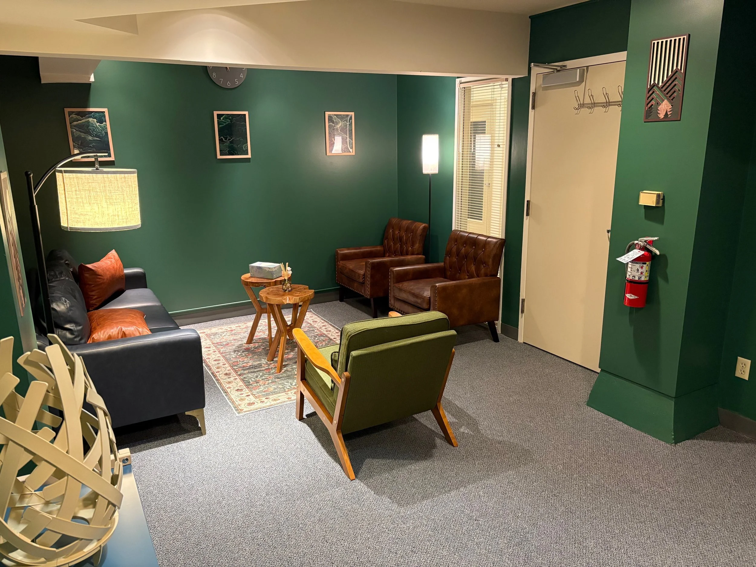 Humanistic Therapy NW Portland office — mid-century chairs and nature-inspired decor