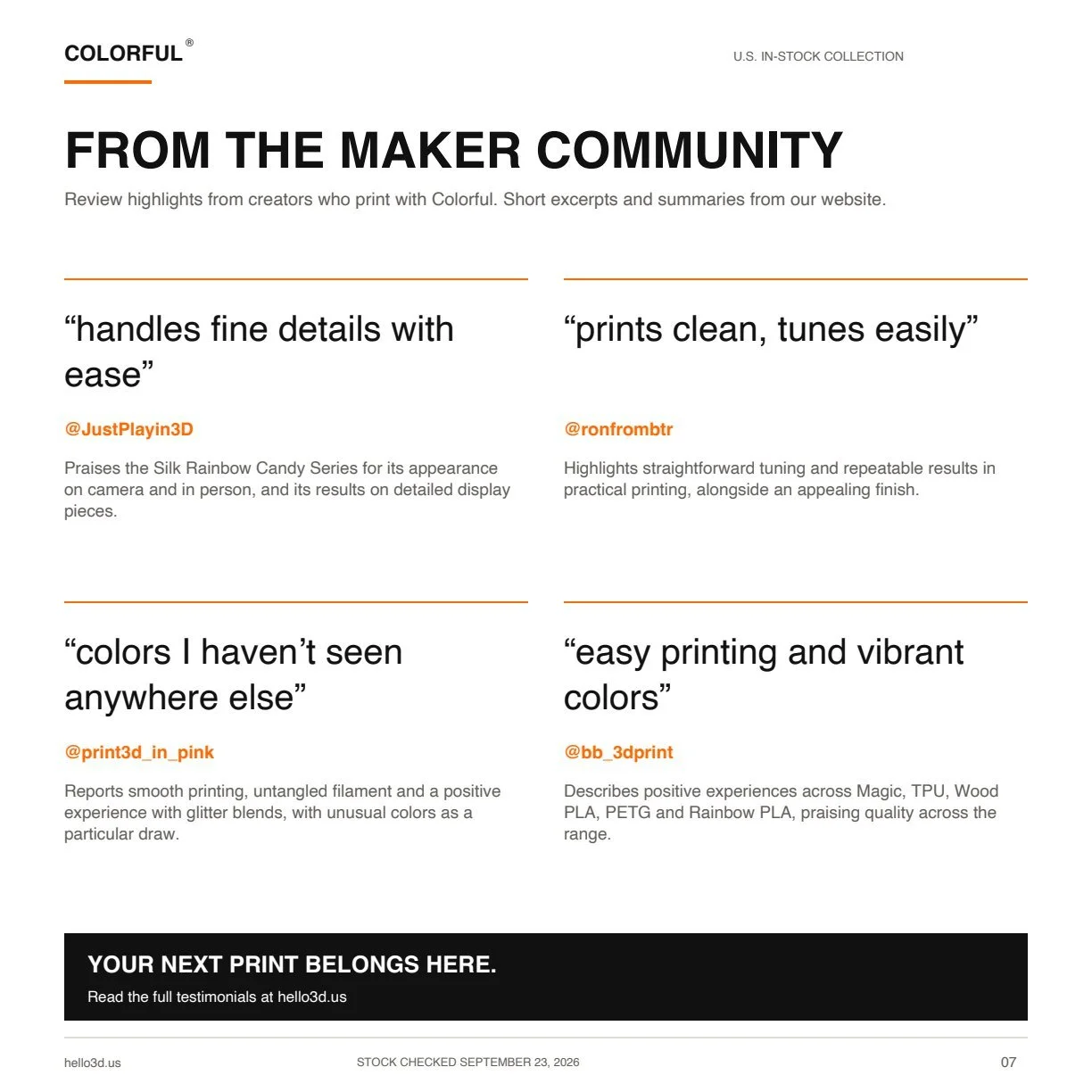 U.S. In-Stock Collection catalog, page 7: Maker reviews