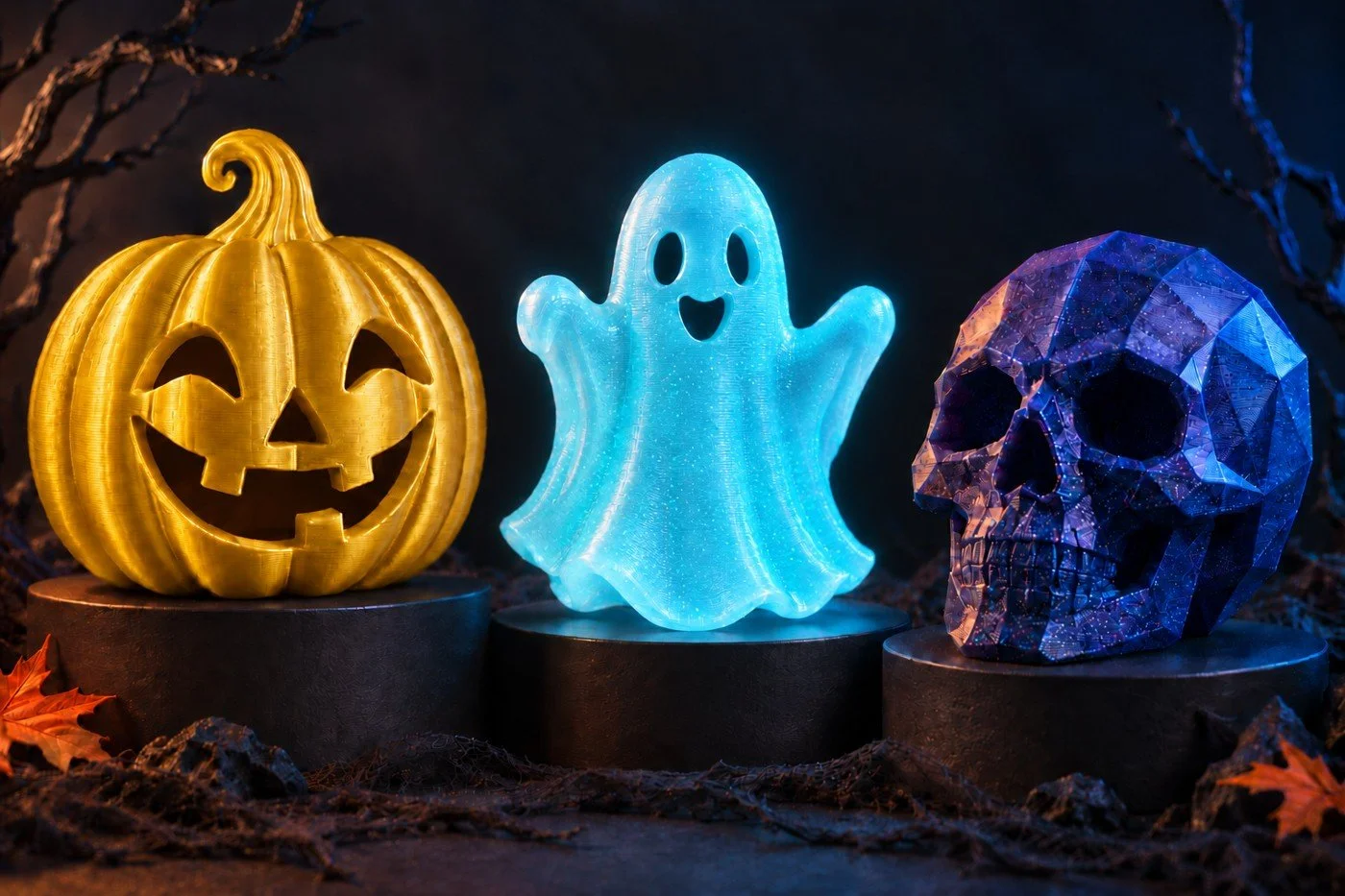 Halloween print concepts: a silk-gold pumpkin, cyan glowing ghost and blue-purple skull