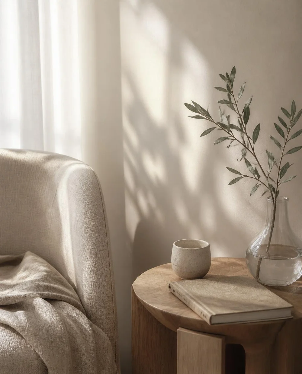 A calm, sunlit room with a linen armchair, a ceramic cup and an olive branch
