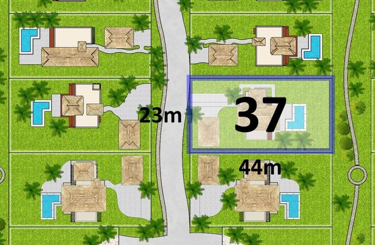 Site plan showing Lot V37, 23 m by 44 m, among the Vivo Resorts villa lots