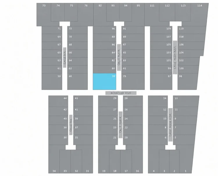 Site map of Vivo Resorts with Lot V78 highlighted on the main avenue