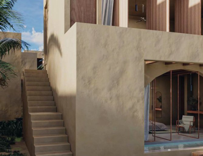 Two-storey stucco OCN Nativo Villa with exterior stairs, wood shutters and an arched opening to a private pool, Puerto Escondido