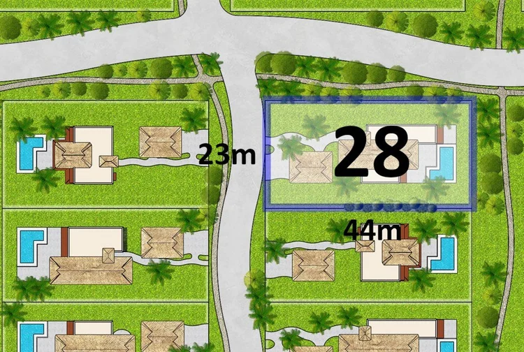 Site plan showing Lot V28, 23 m by 44 m, among the Vivo Resorts villa lots