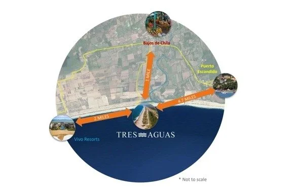 Lot 274, Tres Aguas: map of Tres Aguas with distances to Puerto Escondido and Bajos de Chila