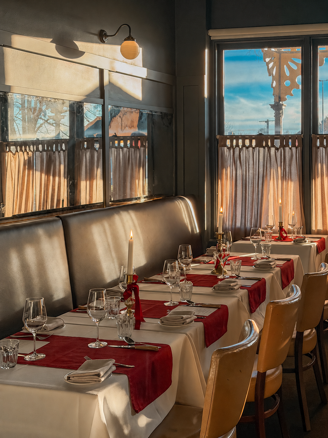 The Daylesford Hotel dining room set for Christmas, long tables with red runners and candles