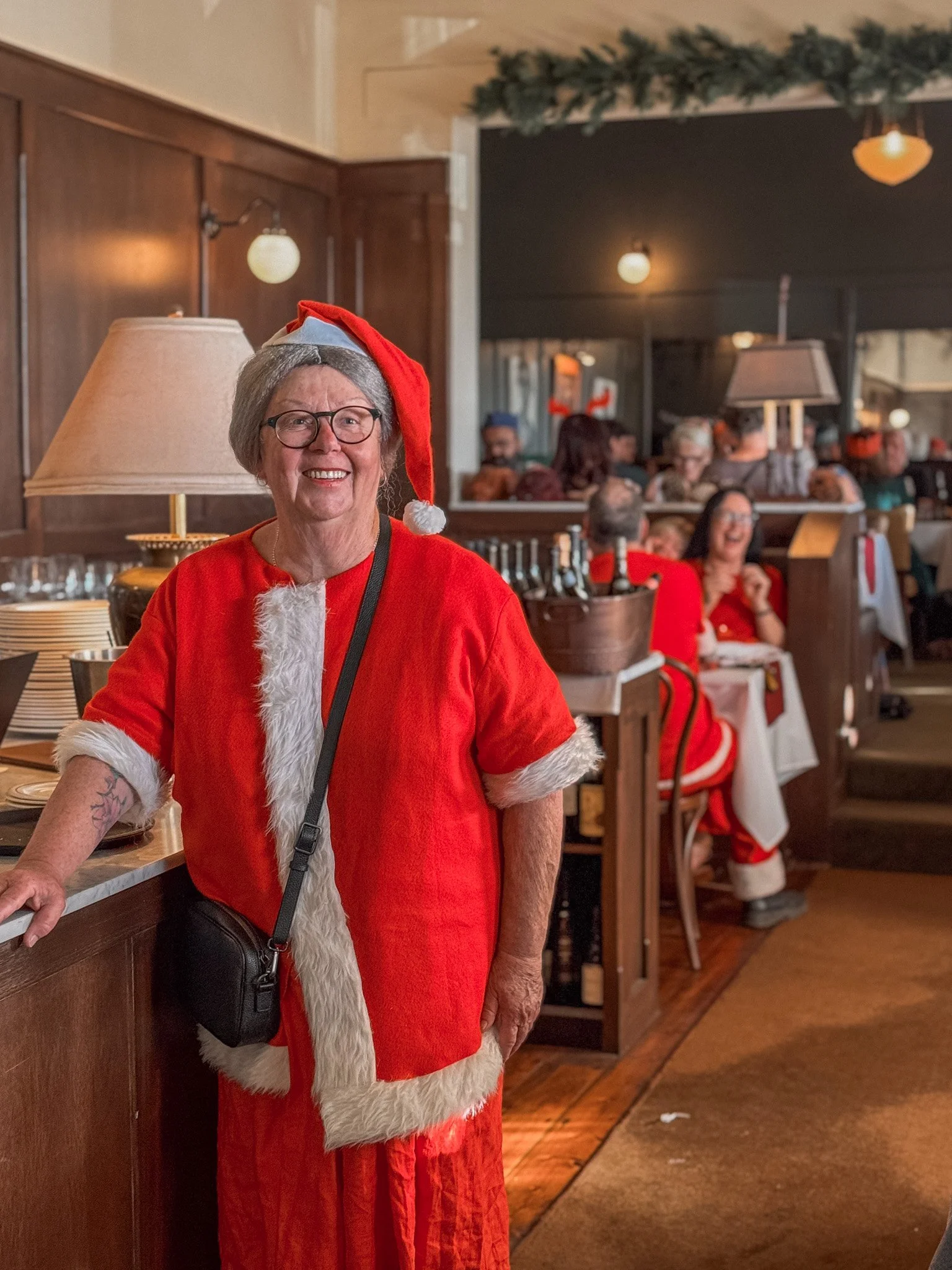 Mrs Claus in the Daylesford Hotel dining room, ready for Christmas