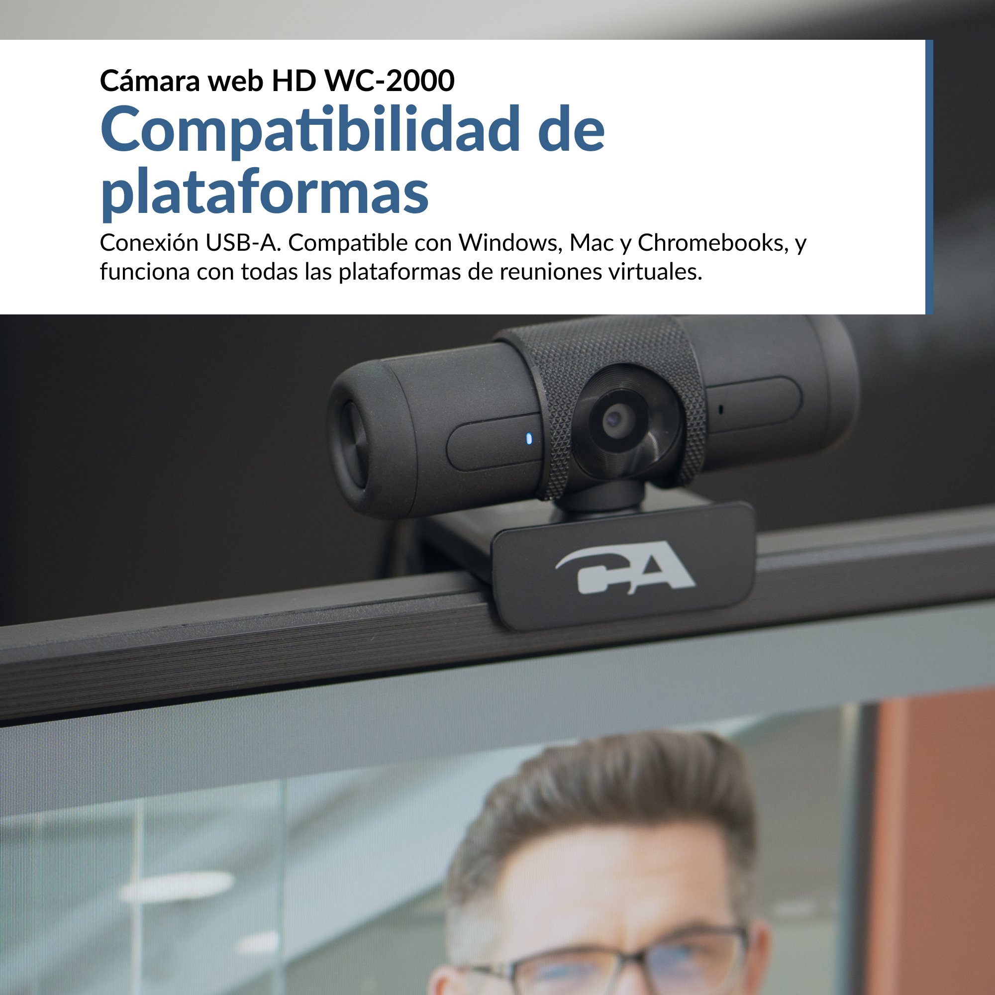 Cámara web HD WC-2000 mostrando compatibilidad con plataformas y conexión USB-A para reuniones virtuales