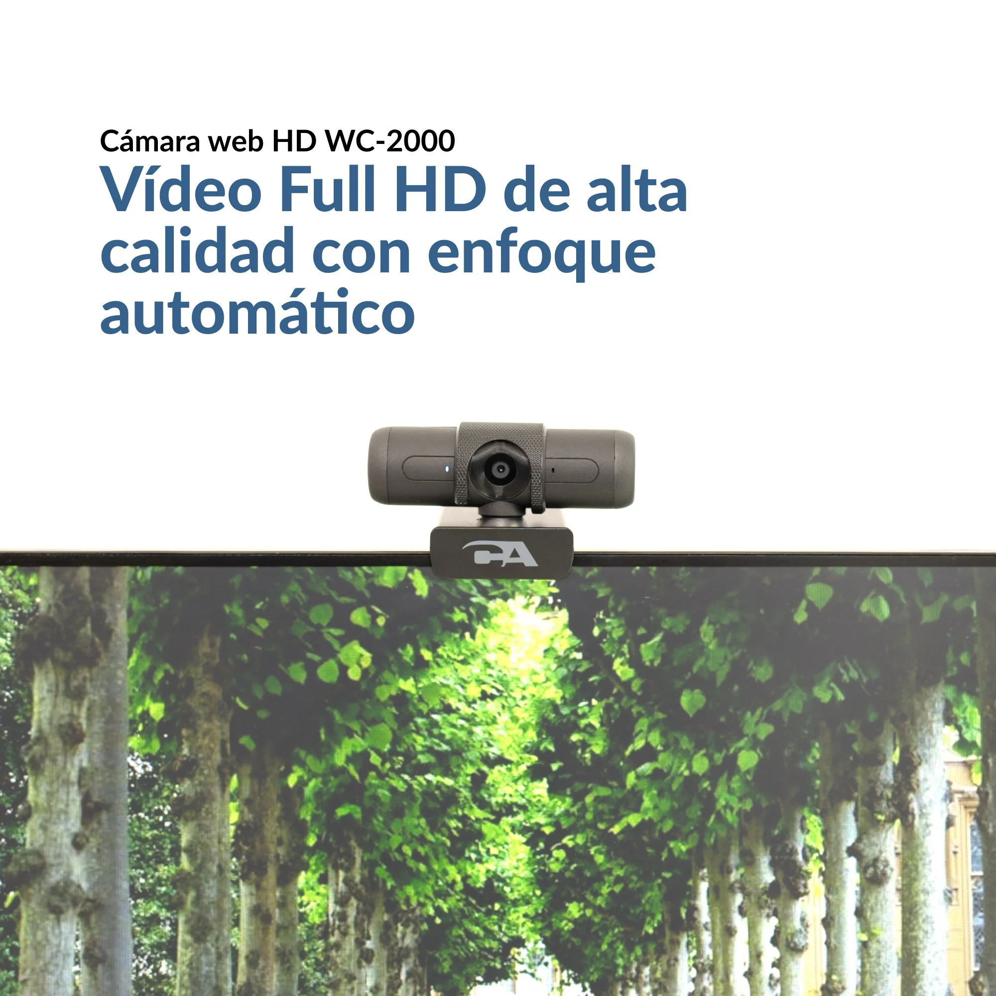 Cámara web HD WC-2000 destacando video Full HD de alta calidad con enfoque automático