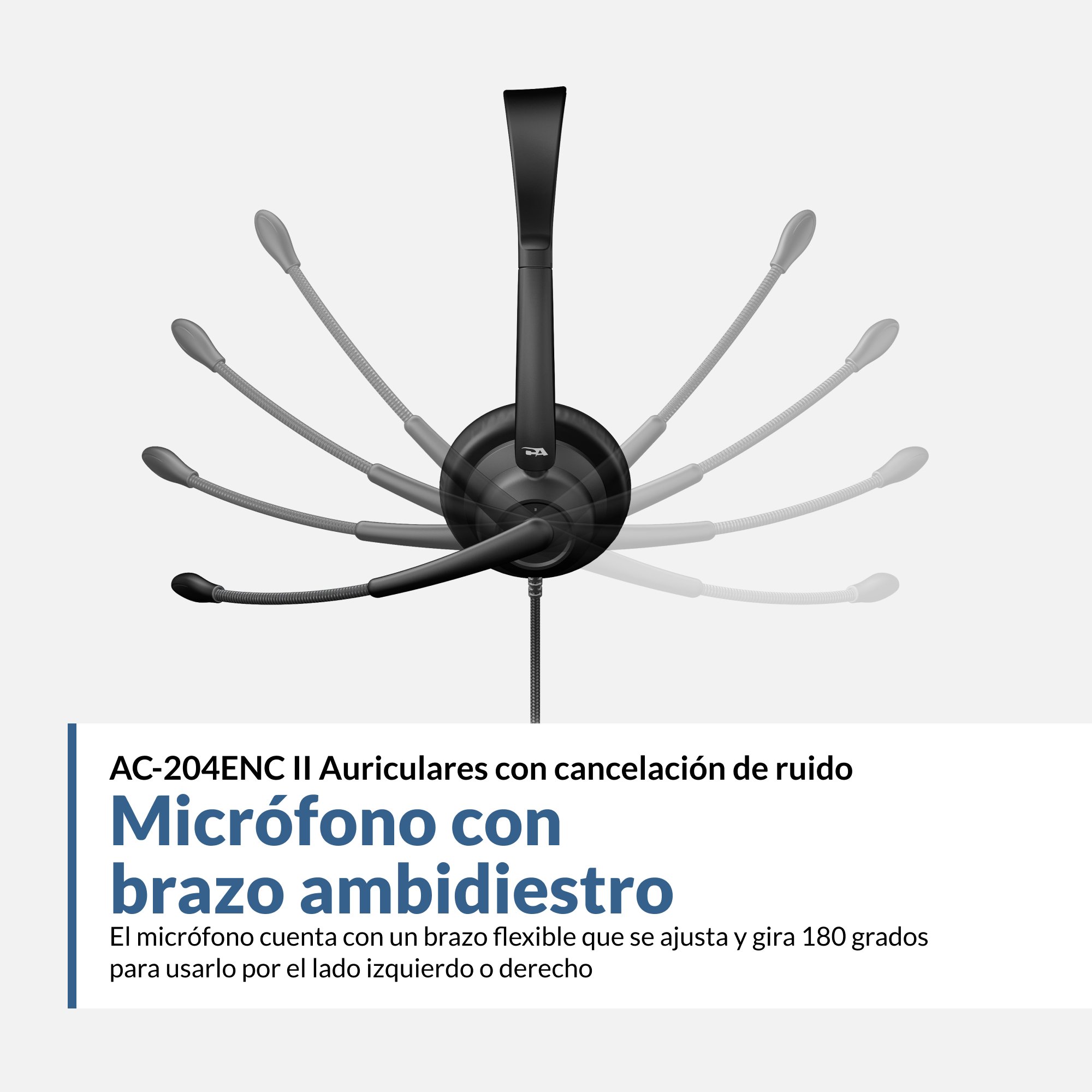 Micrófono con brazo ambidiestro del headset AC-204ENC II, gira 180 grados para usarlo del lado izquierdo o derecho