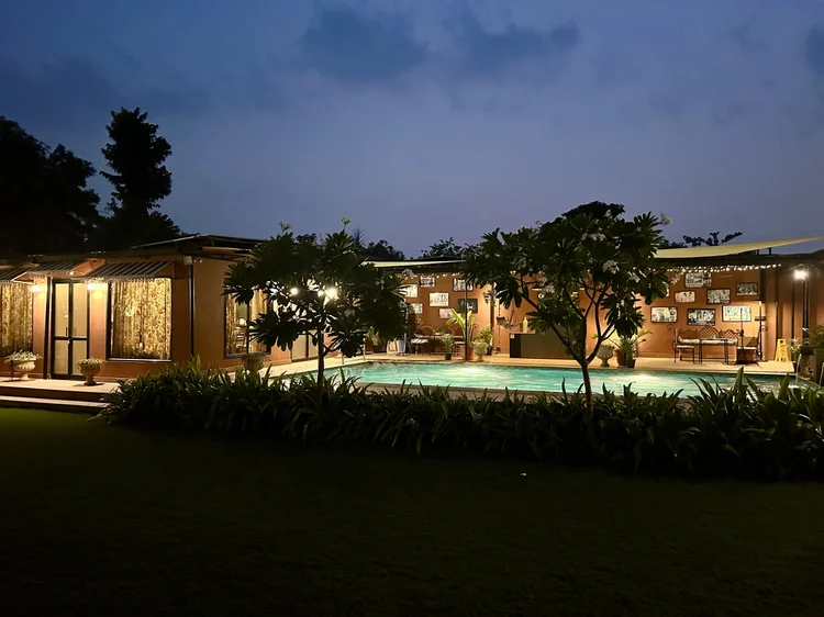 Villa lit up at night