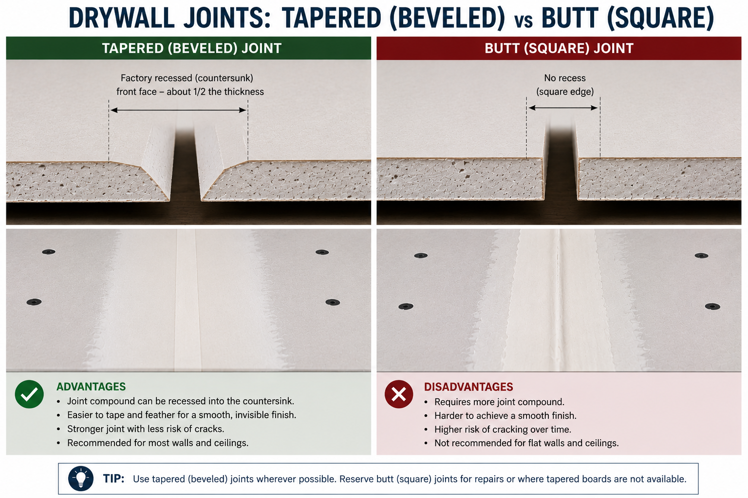 Comparison of tapered drywall joint and butt joint
