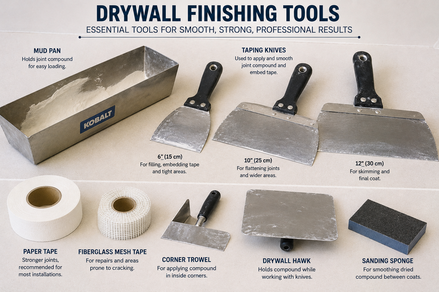 Drywall finishing tools including taping knives and mud pan