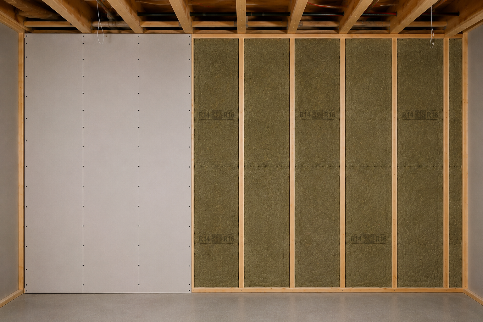 Drywall sheet installed over wood studs with correct 16-inch stud spacing