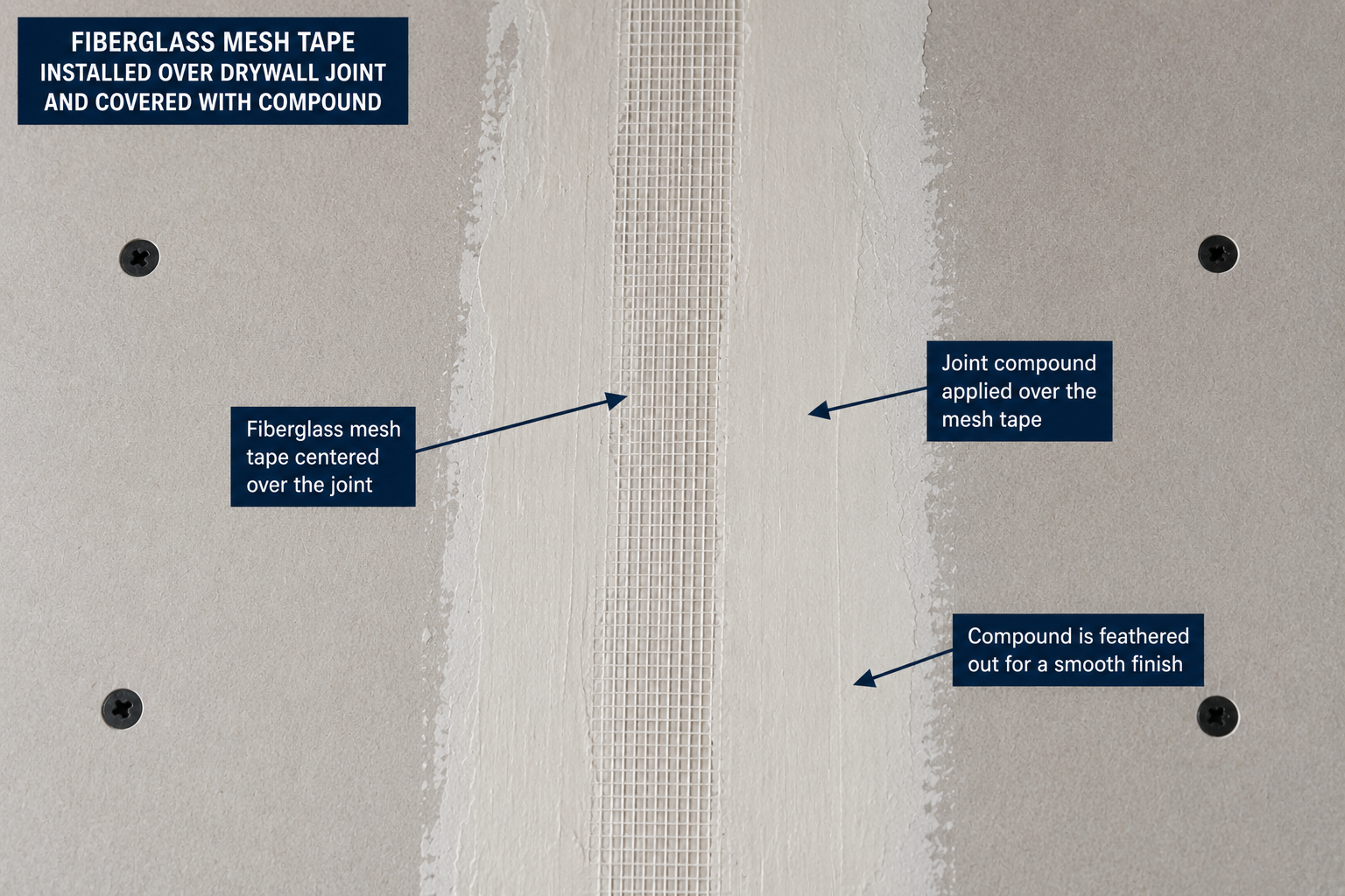 Fiberglass mesh tape installed over drywall joint and covered with compound