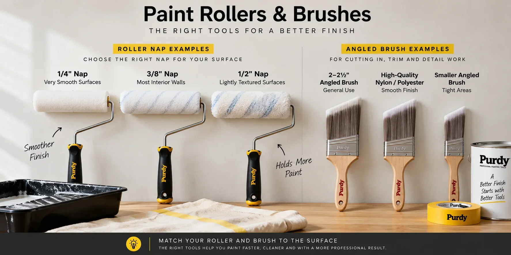 Examples of paint rollers and angled paint brushes for interior painting