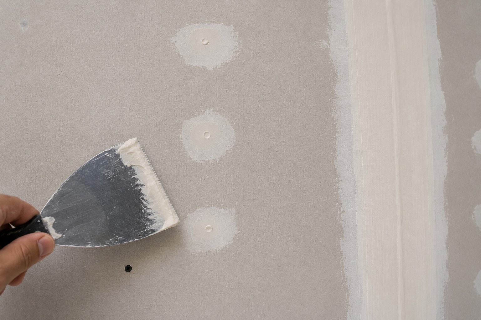 Joint compound being applied over drywall screw heads