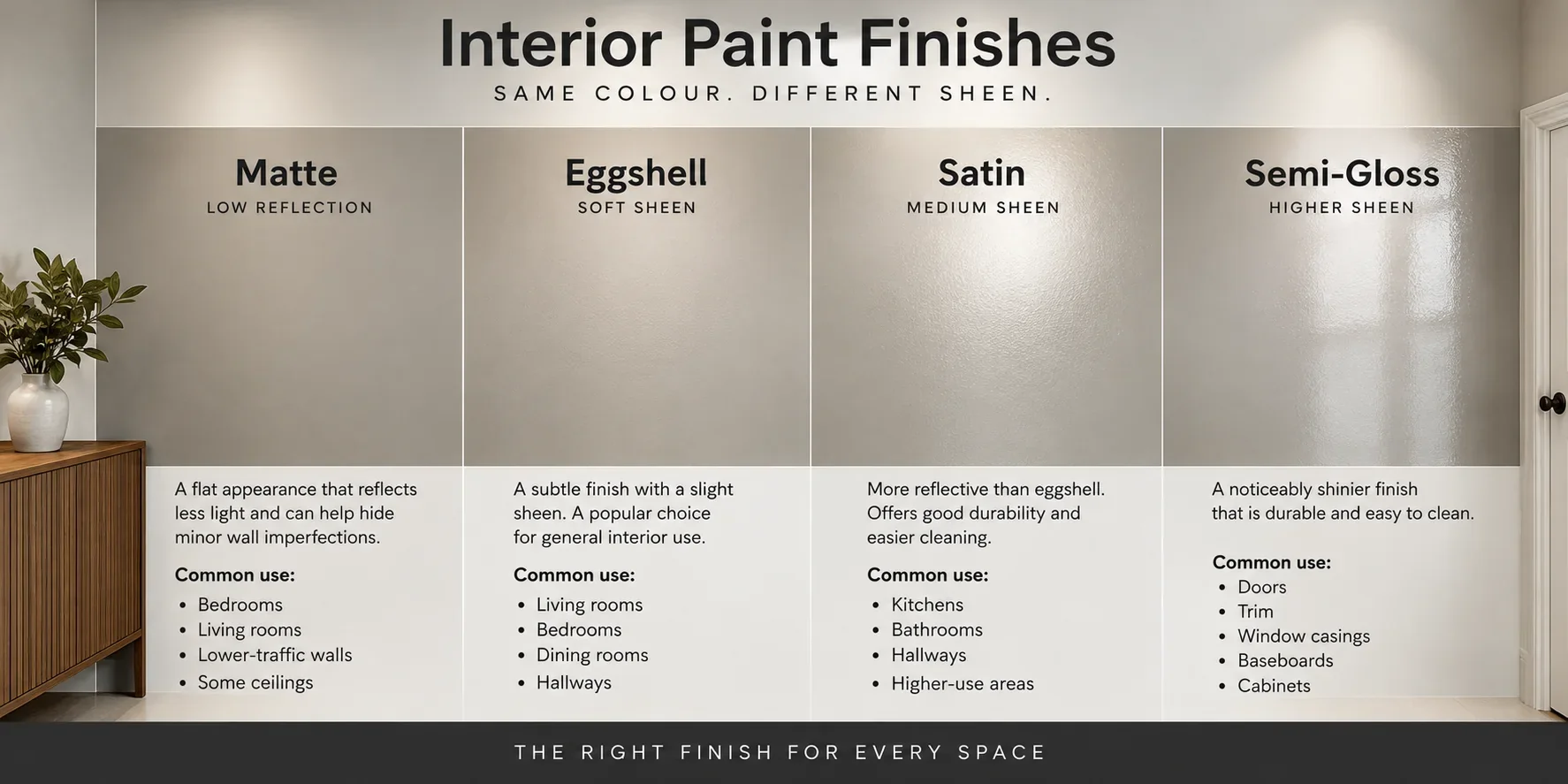 Visual comparison of matte, eggshell, satin and semi-gloss interior paint finishes