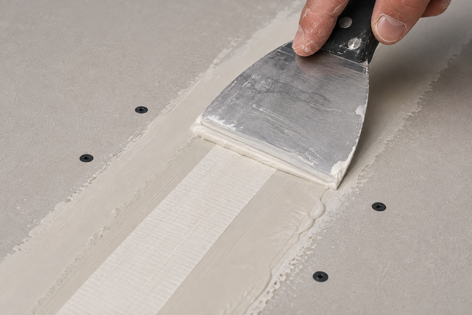 Paper drywall tape being embedded into wet joint compound