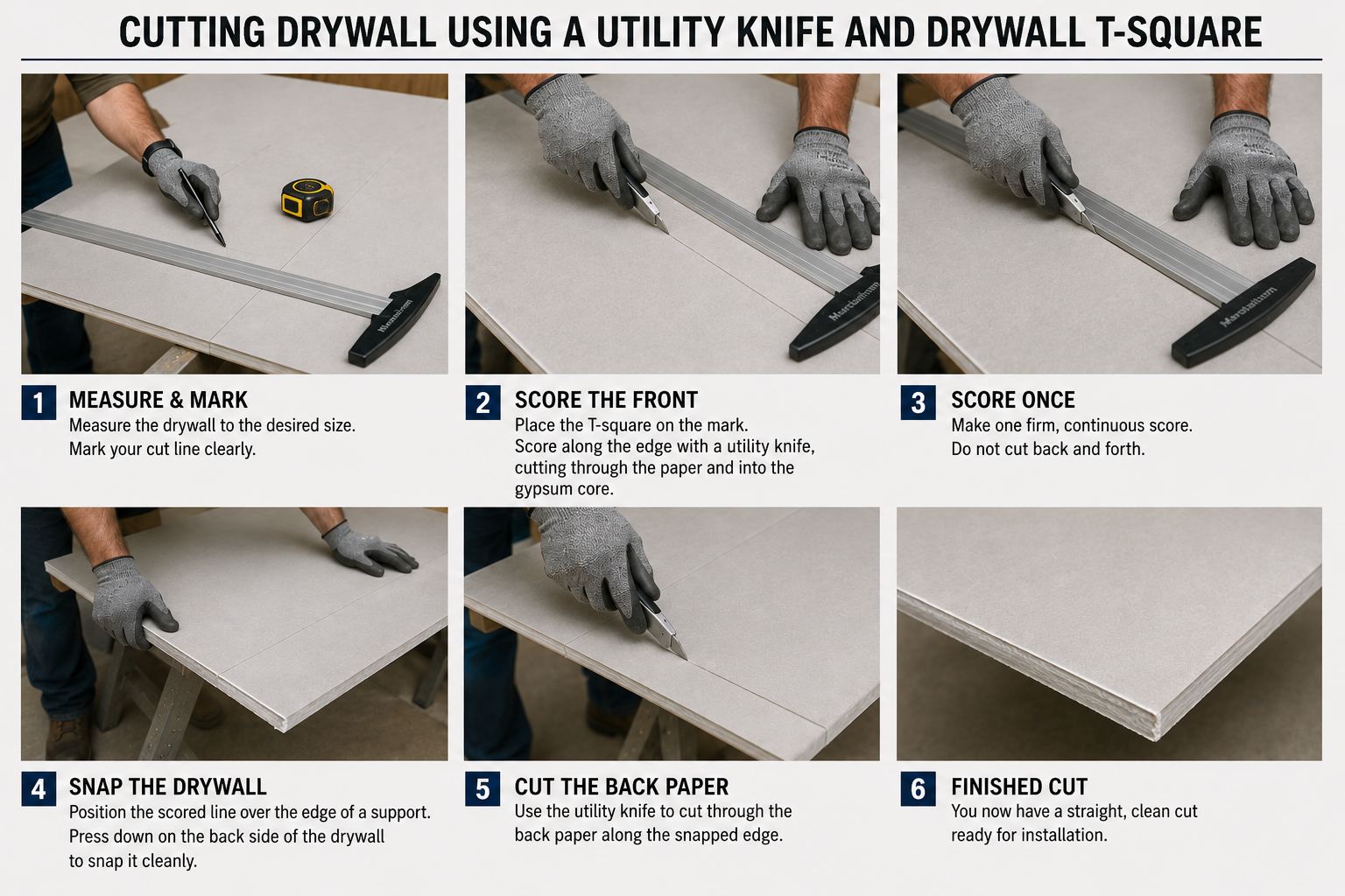 Cutting drywall using a utility knife and drywall T-square