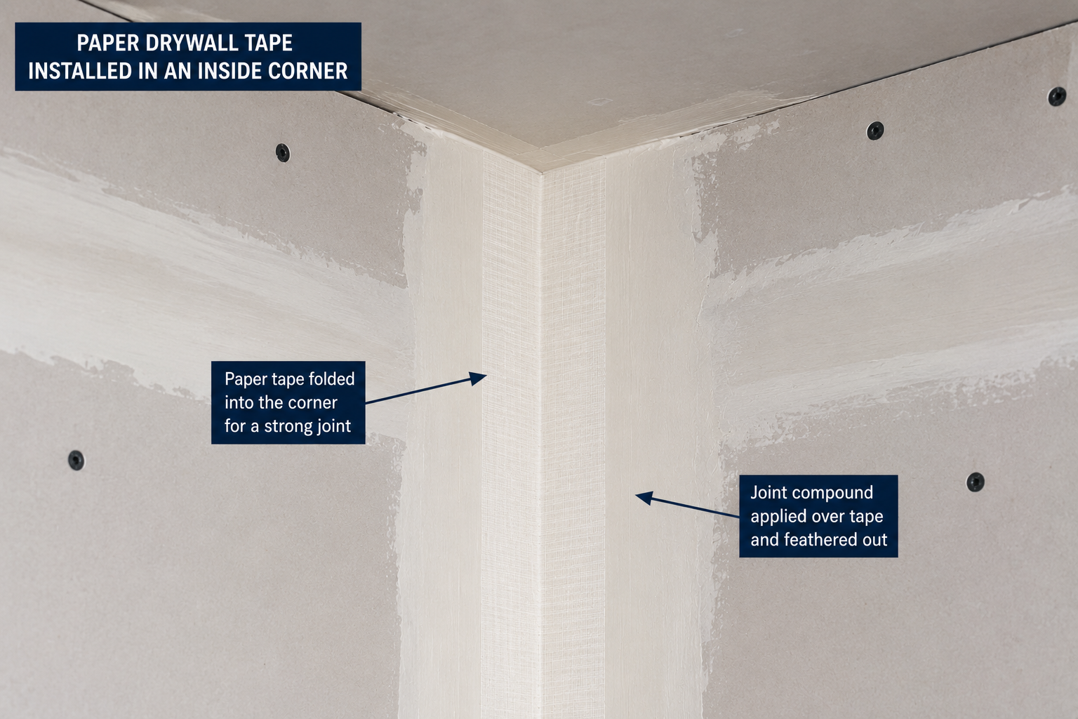Paper drywall tape installed in an inside corner