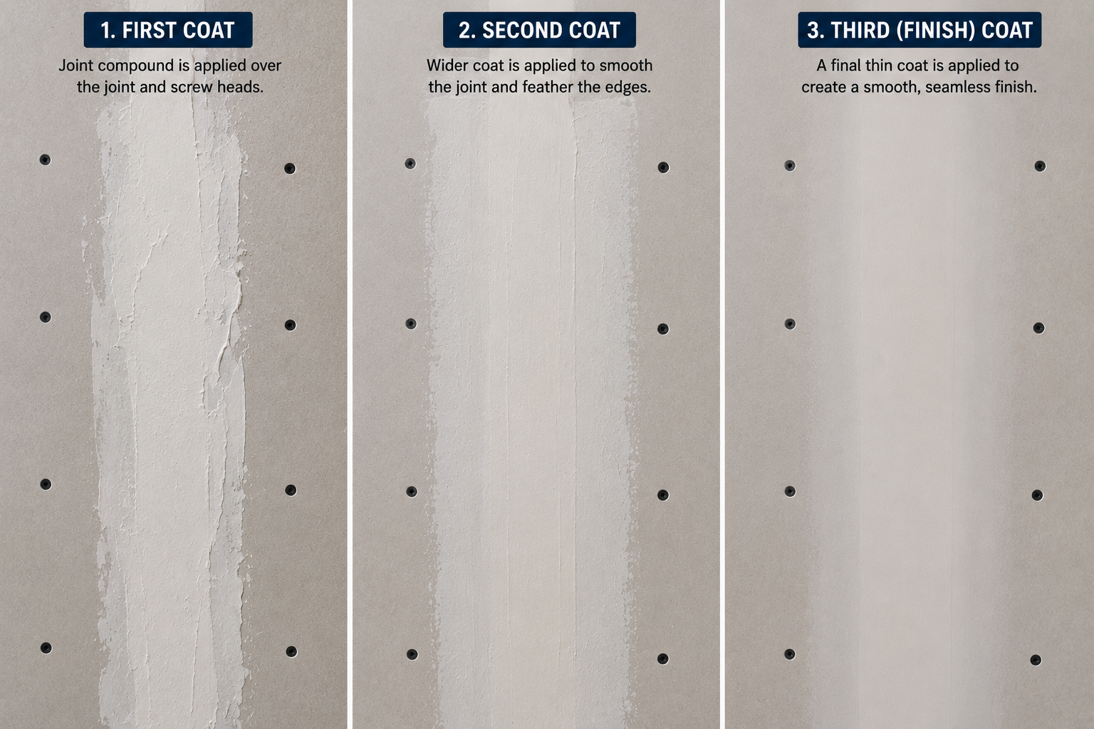 Three stages of drywall joint compound finishing