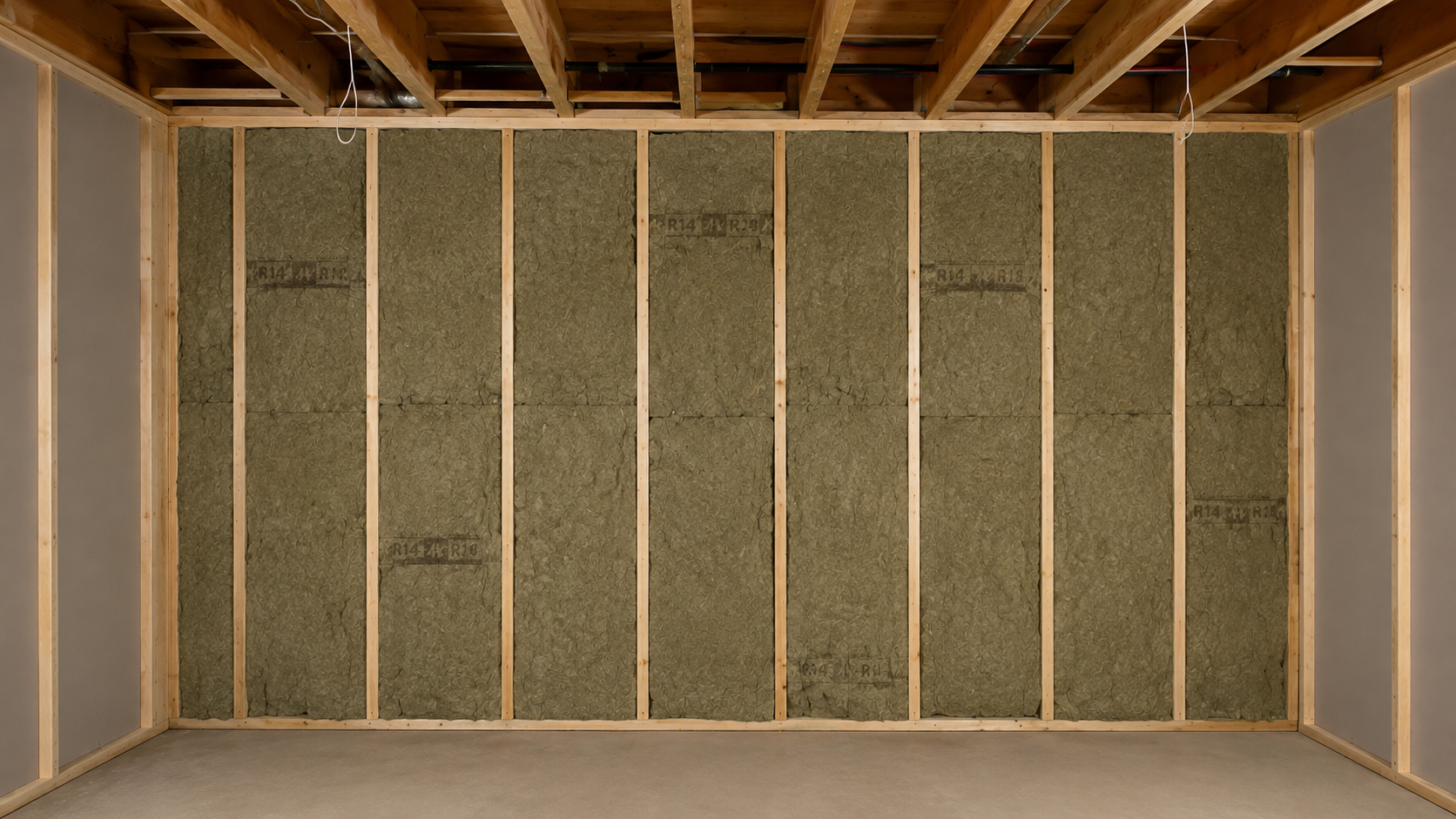 Wood wall framing with insulation and studs spaced 16 inches on centre