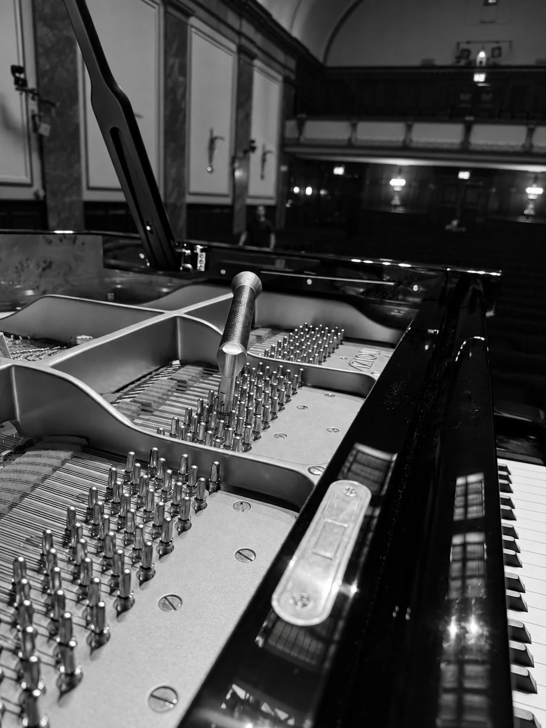 Tuning lever, pins and strings inside a grand piano