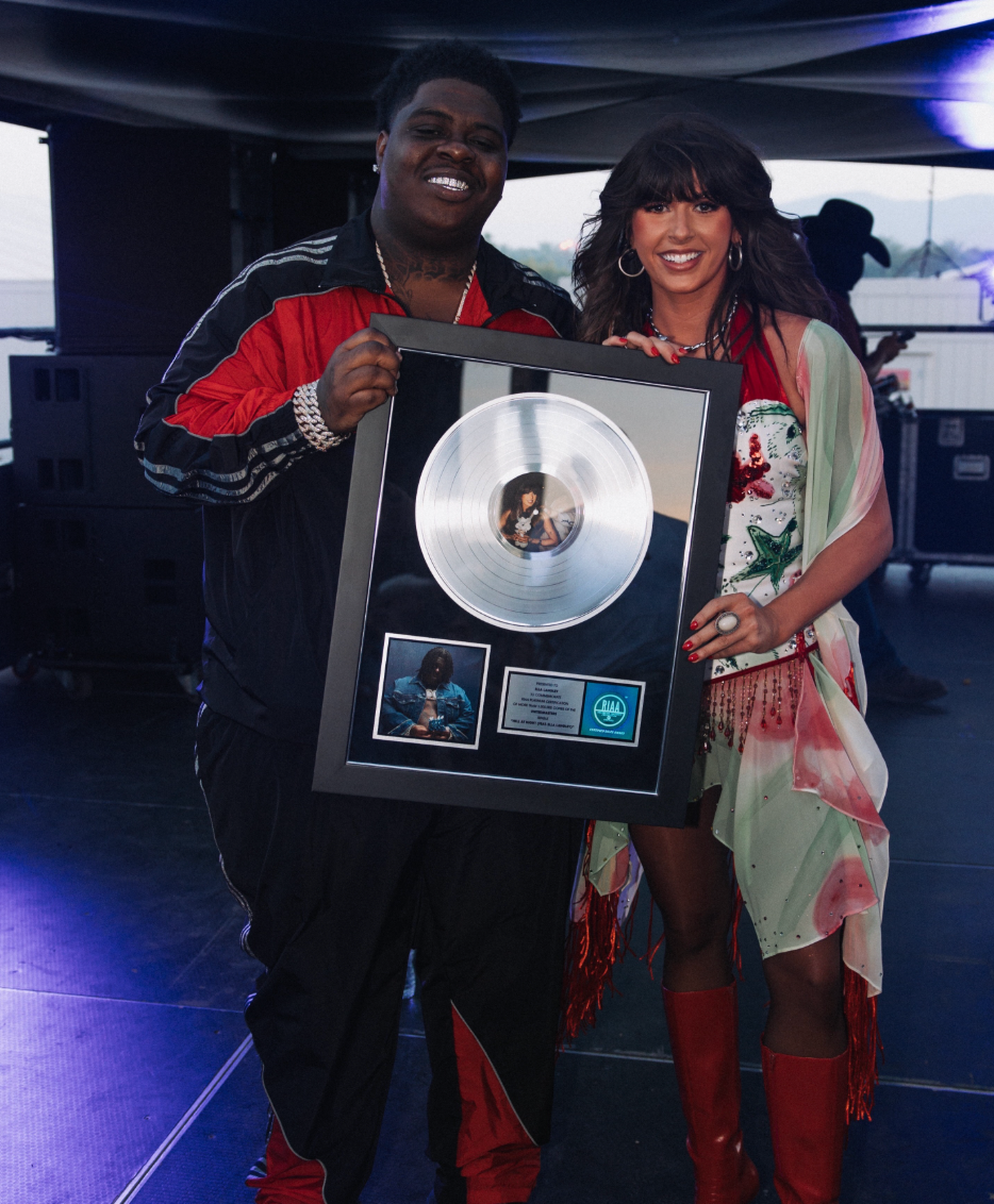 BigXthaPlug and Ella Langley holding the Hell At Night RIAA Platinum plaque