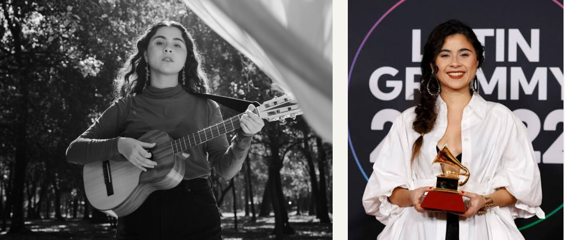 Silvana Estrada performing and holding her Best New Artist Latin GRAMMY award